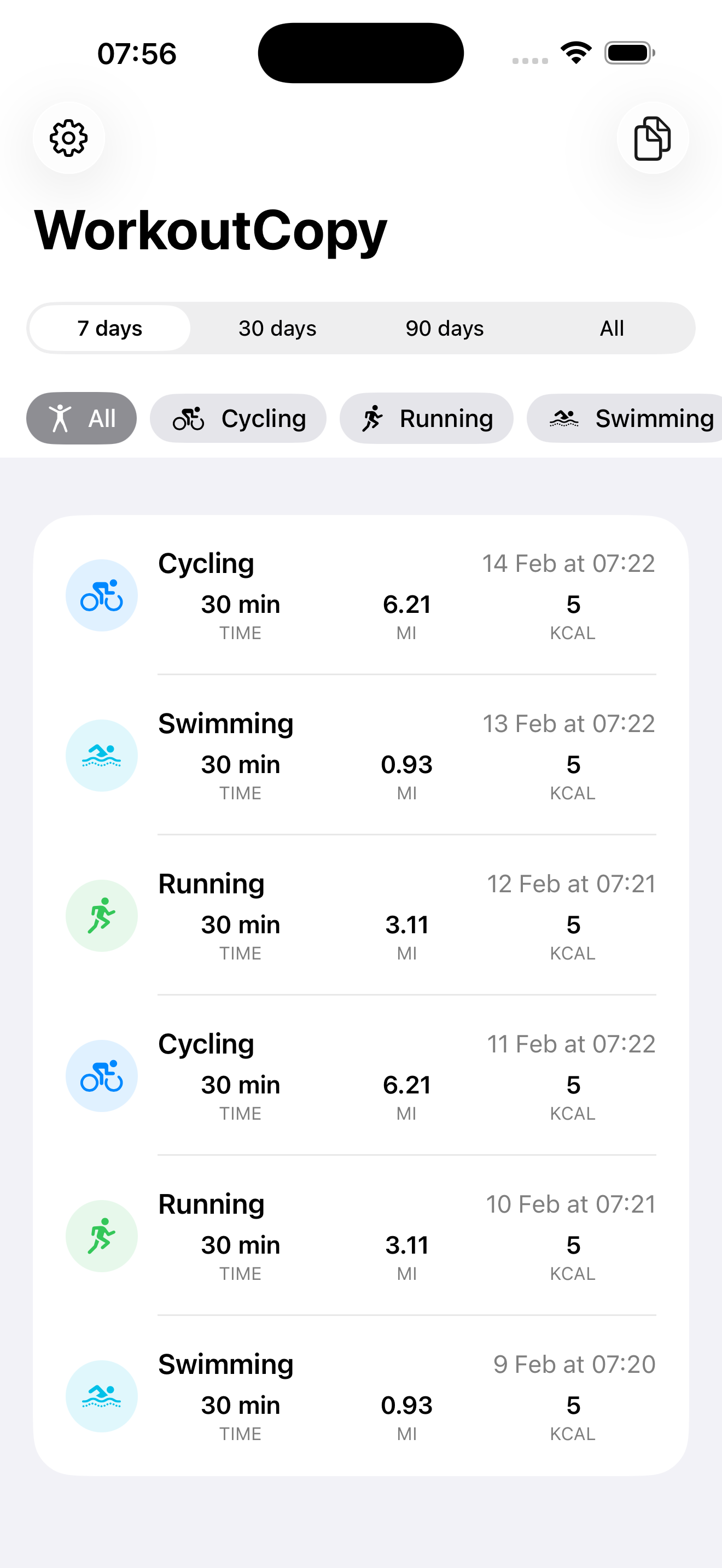 WorkoutCopy main screen showing a list of recent workouts with type, duration, distance, and calories